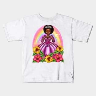 Black Afro Princess in purple with flowers and rainbow i ! beautiful  black girl with Afro hair, brown eyes and dark brown skin. Hair love ! Kids T-Shirt